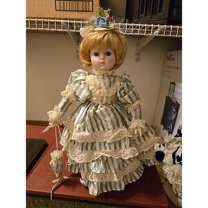 Dynasty‎ Doll Collection Porcelain Doll Blue Striped Victorian Dress Parasol